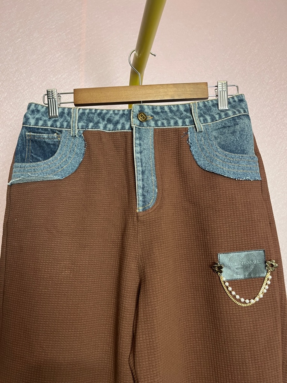 Brown Cropped Ankle Pants with Blue Denim Trim - Picture 2 of 7